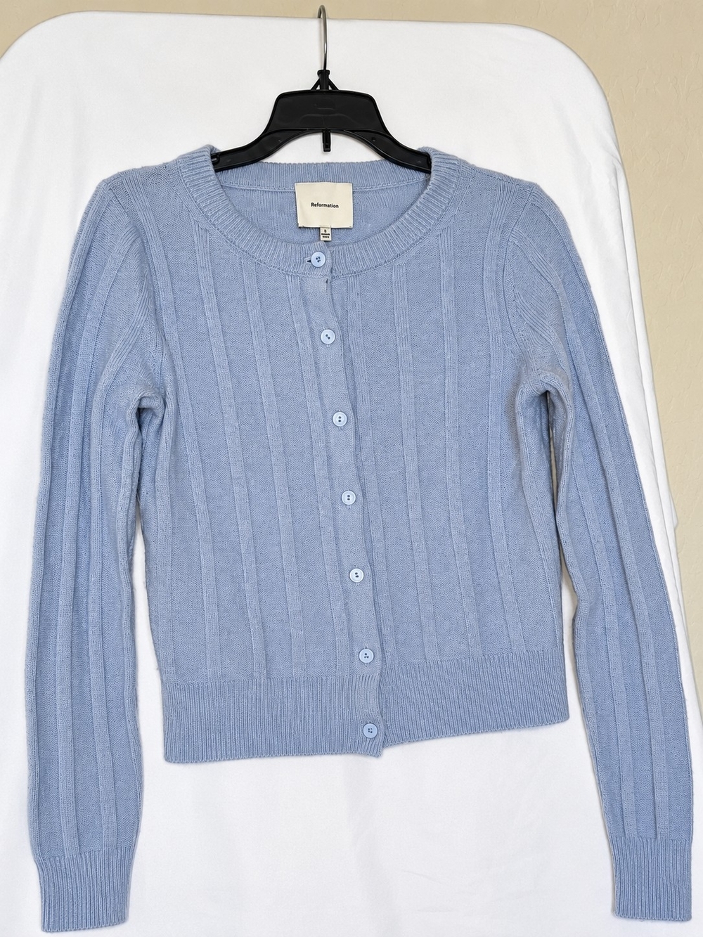Reformation Hannah Cardigan XS Blue 100% Merino Wool Ribbed Button Front